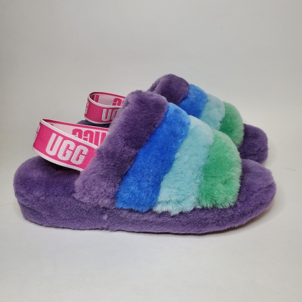 NEW UGG Women's Fluff Yeah Pride Slides,  Color Pride Rainbow Purple